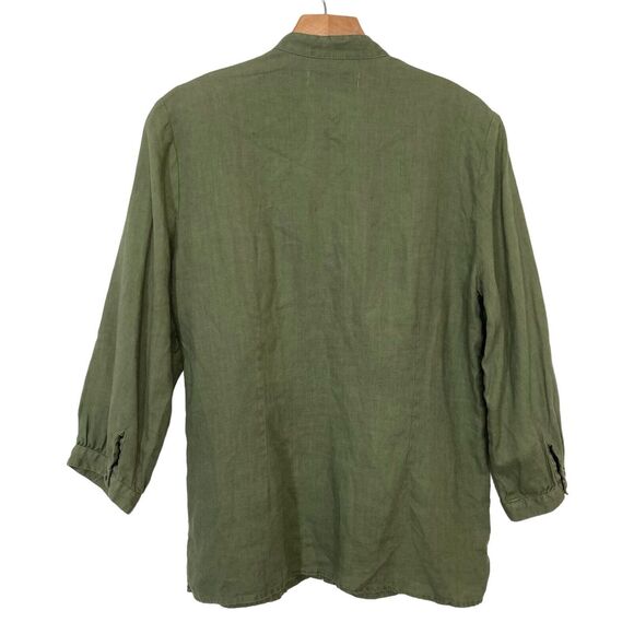 August Silk Options PL 100% Linen Green Blouse Floral Embroidered Button Up Top - Picture 2 of 13